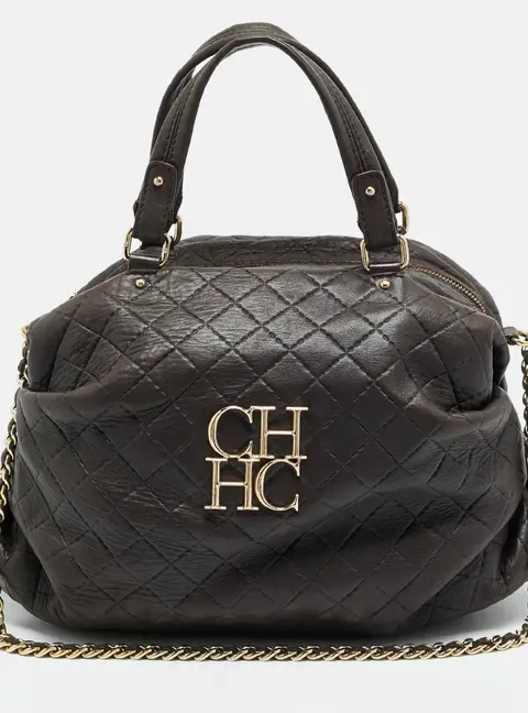 CH Carolina Herrera Pleated Chain Dark Brown Quilted Leather Satchel