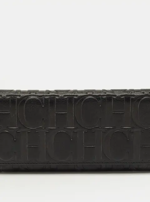 CH Carolina Herrera Black Monogram Embossed Leather Flap Continental Wallet