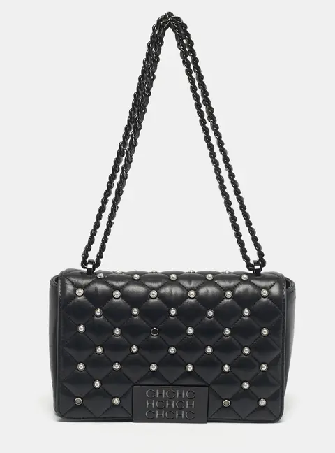 CH Carolina Herrera Black Quilted Leather Pearl Studded Flap Chain Shoulder Bag