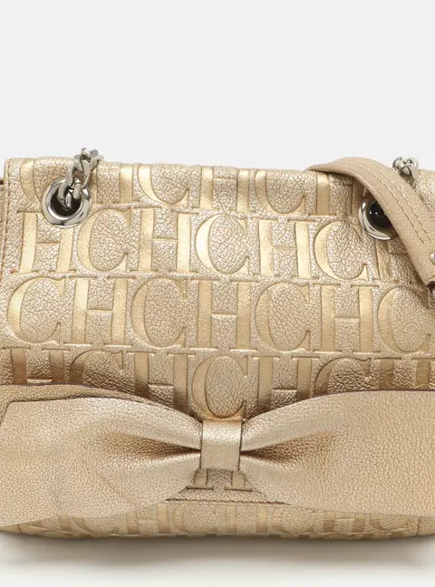 CH Carolina Herrera Audrey Gold Monogram Embossed Leather Shoulder Bag