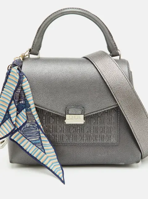 CH Carolina Herrera Metallic Grey Leather Flap Top Handle Bag