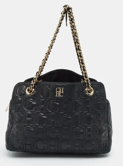 CH Carolina Herrera Black Monogram Embossed Leather Shoulder Bag