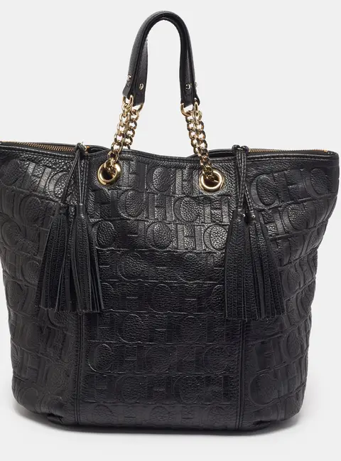 CH Carolina Herrera Black Monogram Embossed Leather Tassel Tote