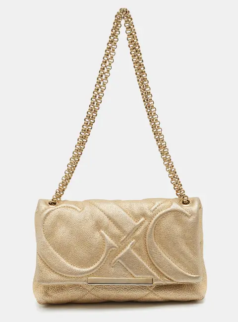 Carolina Herrera Metallic Gold Embossed Leather Metal Flap Shoulder Bag