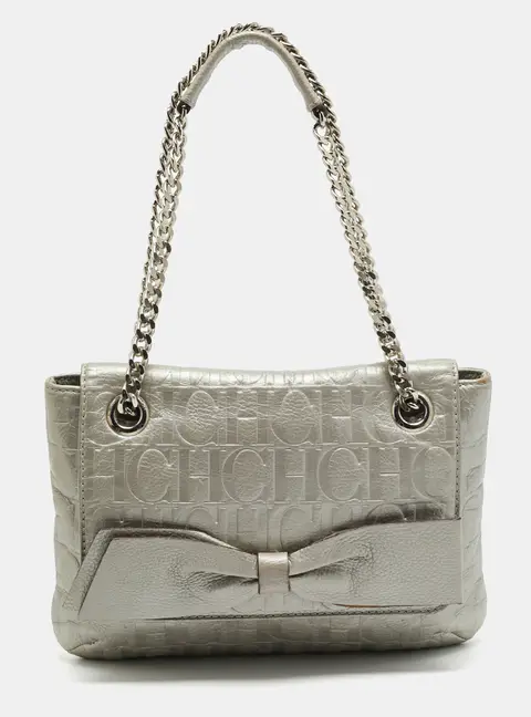 CH Carolina Herrera Audrey Grey Monogram Embossed Leather Shoulder Bag