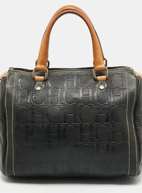 CH Carolina Herrera Andy Black Monogram Embossed Leather Boston Bag