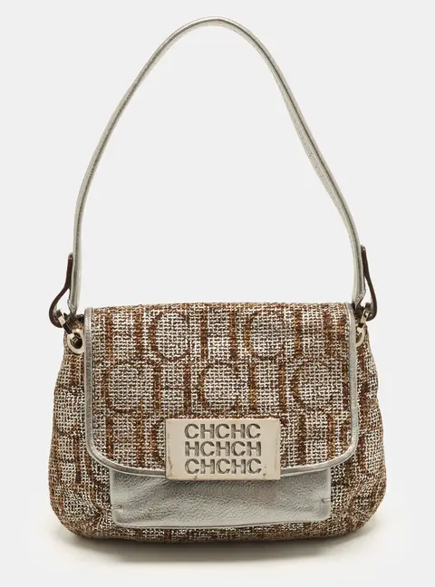 CH Carolina Herrera Metallic Grey/Browm Monogram Woven Fabric Baguette Bag