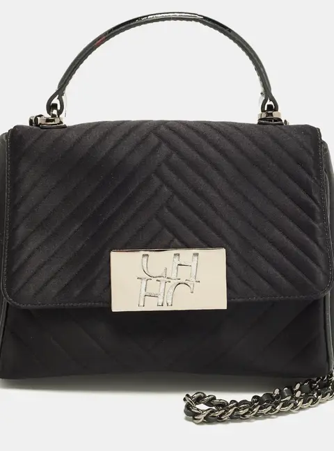 CH Carolina Herrera Black Quilted Satin Top Handle Bag