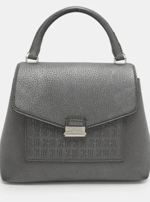 CH Carolina Herrera Small Silver Monogram Embossed Leather Top Handle Bag