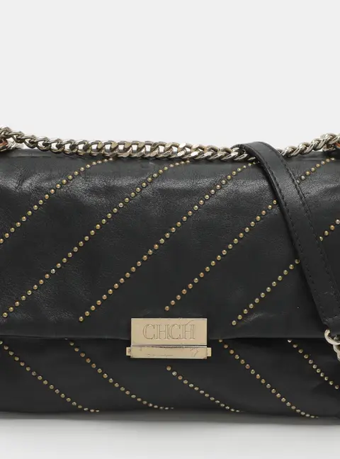 CH Carolina Herrera Black Leather Studded Shoulder Bag