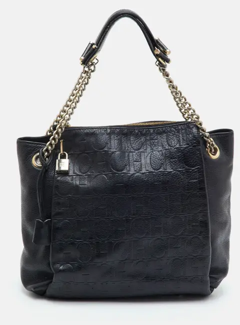 CH Carolina Herrera Black Monogram Embossed Leather Chain Tote