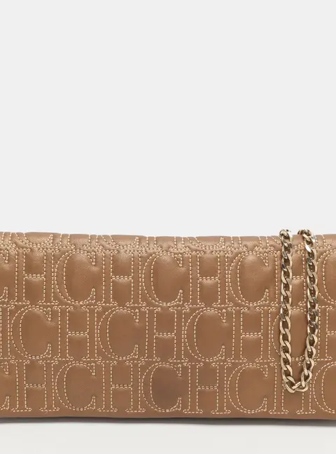 CH Carolina Herrera Metallic Brown Monogram Leather Chain Clutch