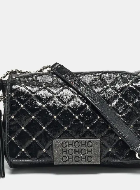CH Carolina Herrera Pearl Studded Black Quilted Patent Leather Flap Chain Shoulder Bag