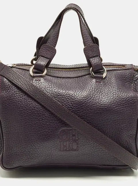 CH Carolina Herrera Dark Purple Grained Leather Boston Bag