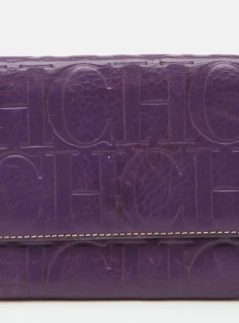 CH Carolina Herrera Purple Monogram Embossed Leather Compact Wallet