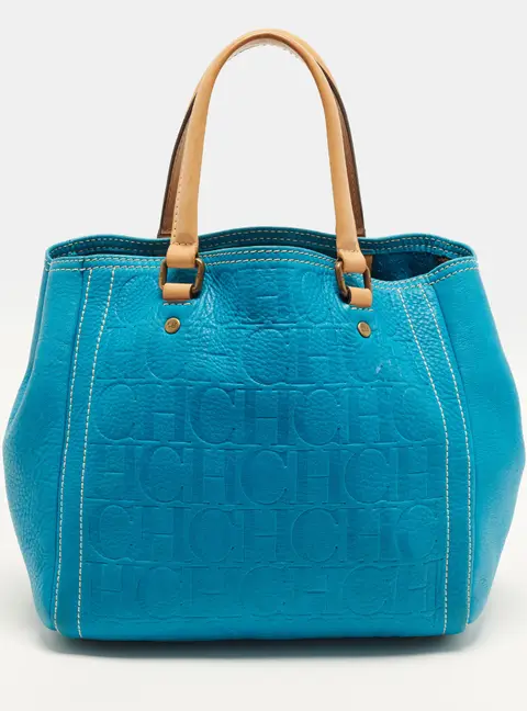 CH Carolina Herrera Matryoshka Blue/Beige Monogram Embossed Leather Tote