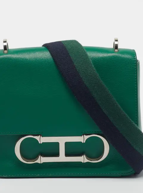 CH Carolina Herrera Initials Insignia Medium Green Leather Shoulder Bag
