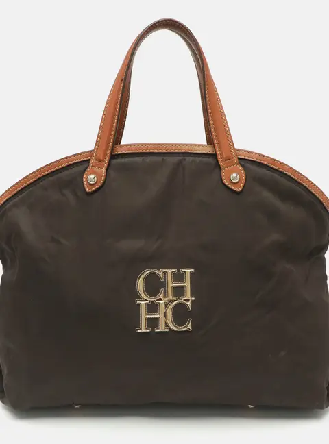 CH Carolina Herrera Dark Grey/Brown Leather and Nylon Satchel