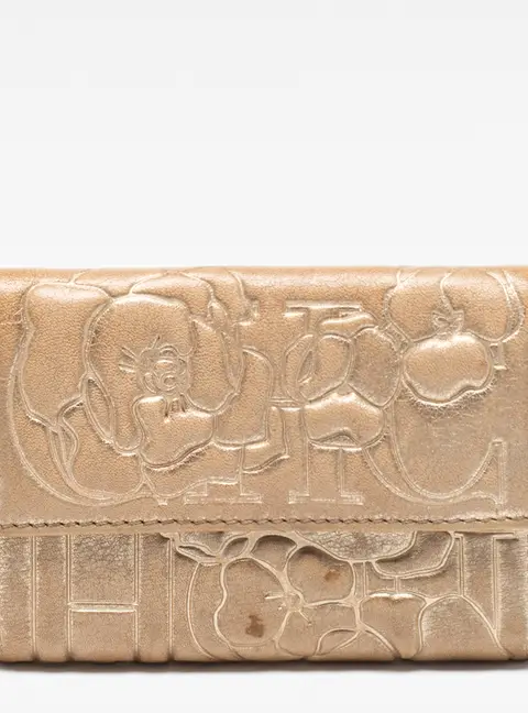CH Carolina Herrera Gold Floral Embossed Leather Flap Compact Wallet