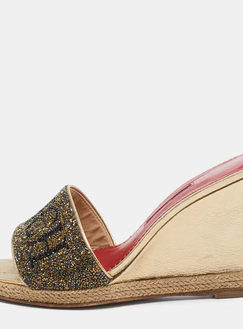 CH Carolina Herrera Metallic Glitter and Leather Wedge Espadrille Slide Sandals Size 39