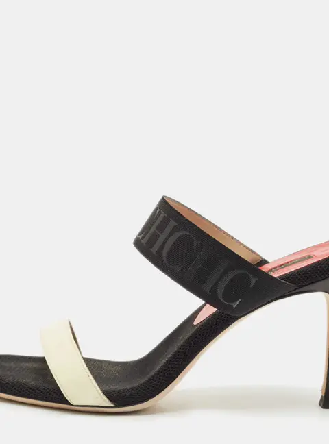 CH Carolina Herrera Black/White Fabric and Patent Leather Slide Sandals Size 38