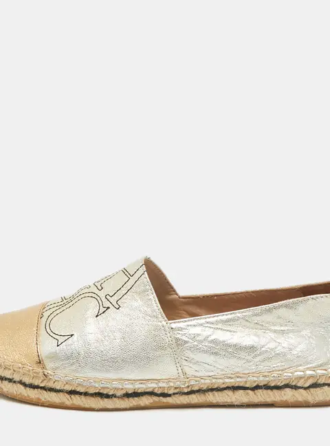 CH Carolina Herrera Silver/Gold Leather CH Logo Espadrille Flats Size 39