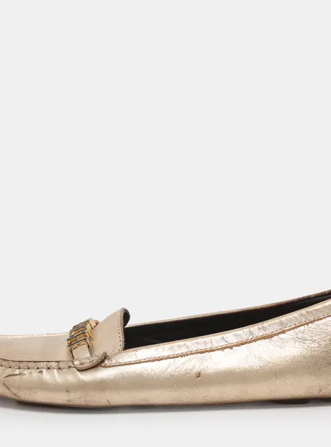 CH Carolina Herrera Gold Leather Logo Embellished Loafers Size 38