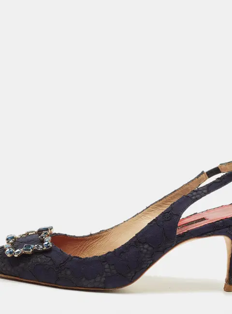 CH Carolina Herrera Size 40 Navy Blue Lace and Mesh Crystal Embellished Buckle Slingback Pumps