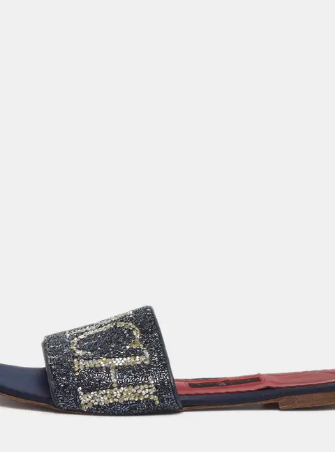 CH Carolina Herrera Size 38 Navy Blue Leather and Sequins Flat Sandals