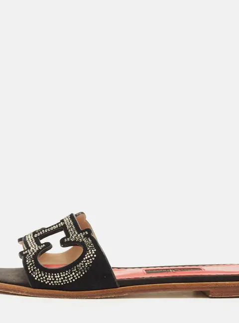 CH Carolina Herrera Size 38 Black Suede Crystal Embellished Flat Slides
