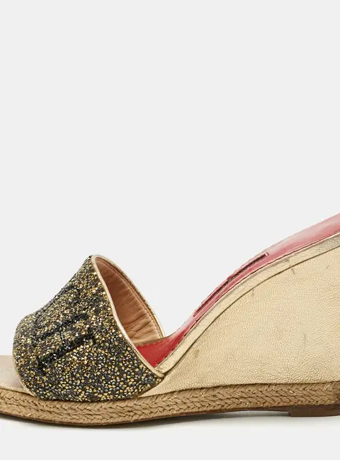 CH Carolina Herrera Metallic Glitter and Leather Wedge Espadrille Sandals Size 37