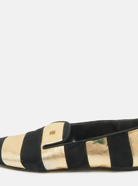 CH Carolina Herrera Black/Gold Leather and Suede Smoking Slippers Size 38
