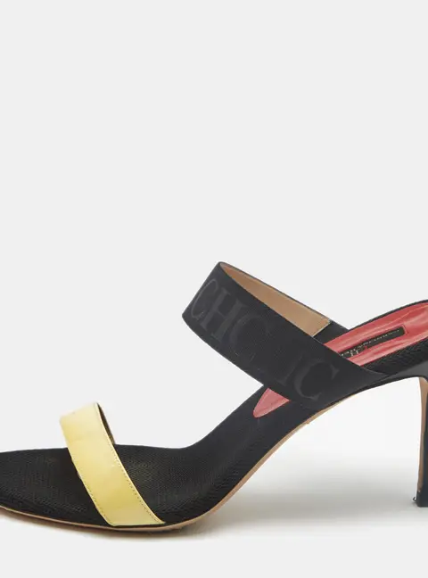 CH Carolina Herrera Size 38 Black/Yellow Leather and Canvas Ankle Strap Sandals