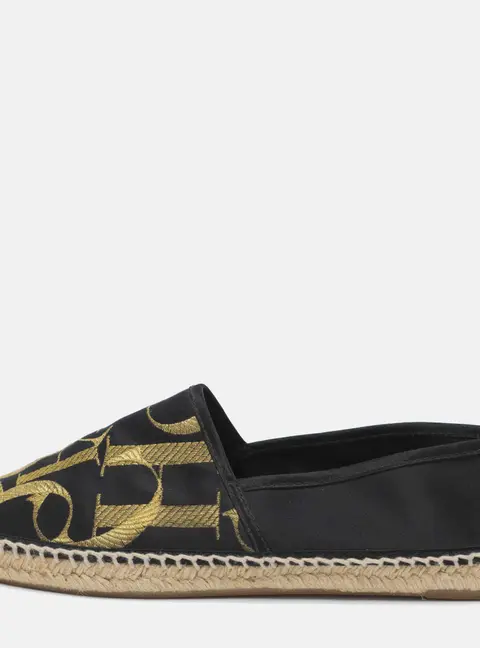 CH Carolina Herrera Logo Embroidered Size 38 Black Satin Espadrille Flats