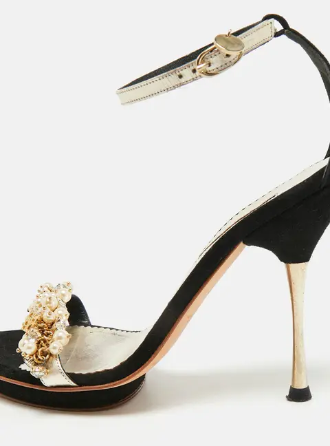 CH Carolina Herrera Size 38 Black/Gold  Leather and Suede Crystals Embellished Ankle Strap Sandals