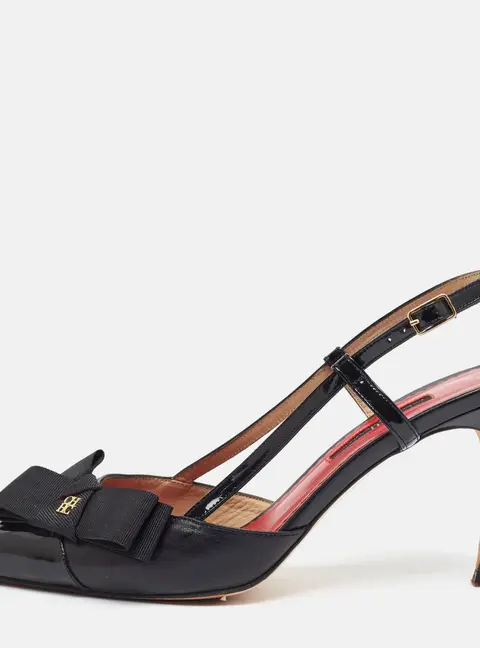 CH Carolina Herrera Size 39 Black Leather and Patent Bow Detail Slingback Pumps