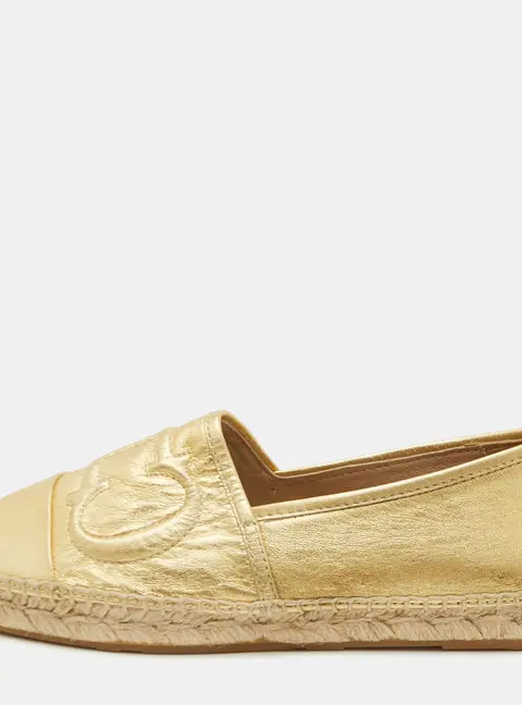 CH Carolina Herrera Size 37 Metallic Gold Leather Initials Insignia Espadrilles Flats