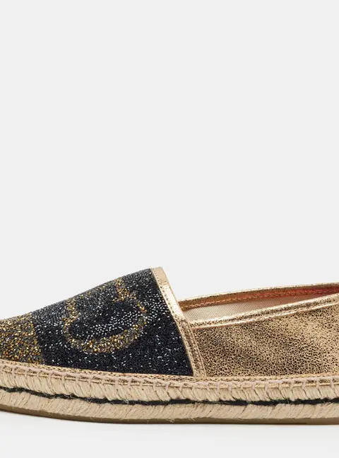 CH Carolina Herrera Initials Insignia Size 38 Gold/Black Leather Espadrille Flats
