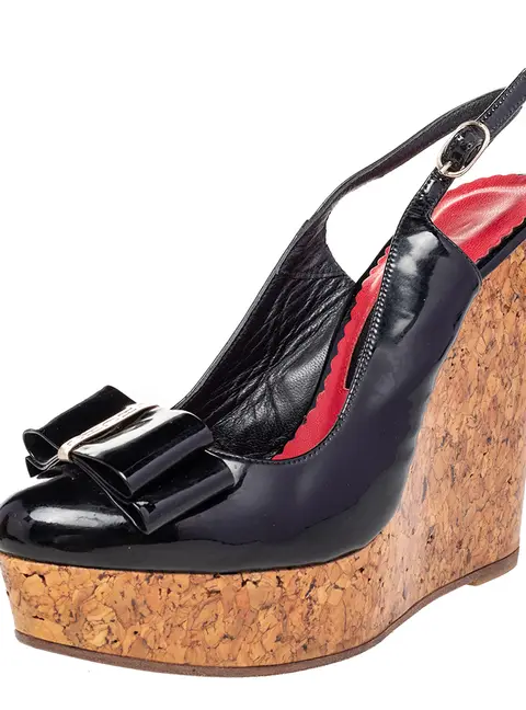 CH Carolina Herrera Black Leather Bow Wedge Sandals Size 37