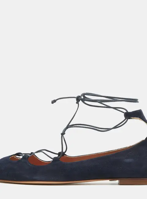 CH Carolina Herrera Blue Suede Pointed Toe Tie Up Ballet Flats Size 37