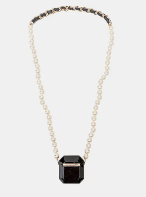 Chanel 21A Black Pearl Leather Resin Airpod Case Necklace