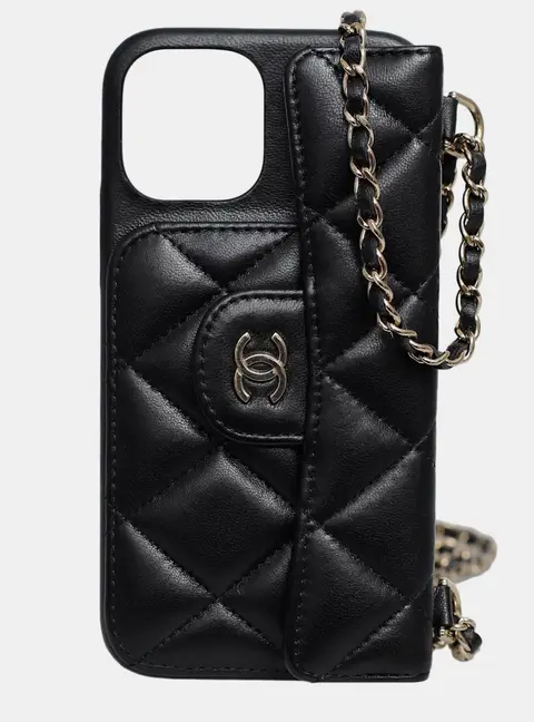 Chanel Black Lambskin Quilted iPhone 12Pro Chain Case