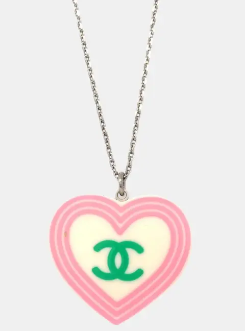 Chanel 04C Reversible Enamel Resin Green CC Logo Pink Stripes Heart Pendant Silver Tone Women's Necklace