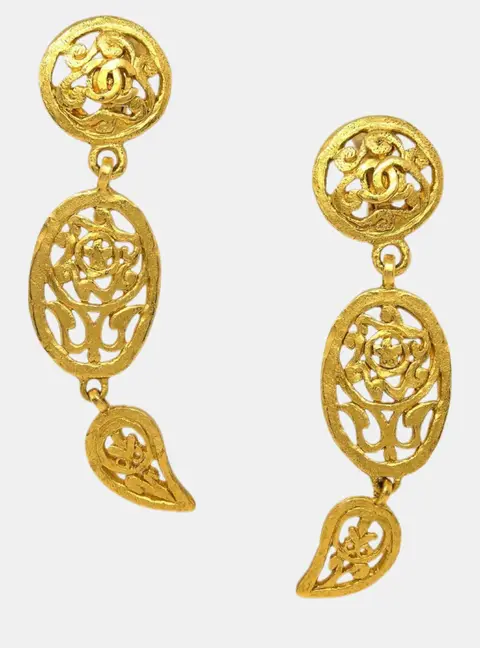 Chanel Vintage CC Camellia Paisley Gold Plated Women's Clip -On Earrings