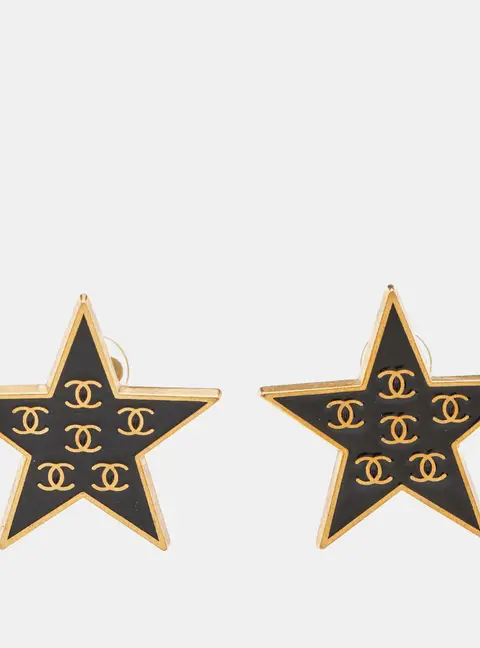 Chanel Black Enamel Gold Tone Star Clip-on Earrings