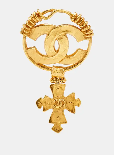 Chanel CC Logo Cross Drop Gold Tone Pin Brooch
