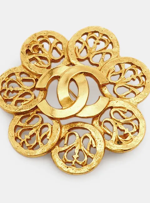 Chanel CC Round Openwork Gold Tone Pin Brooch