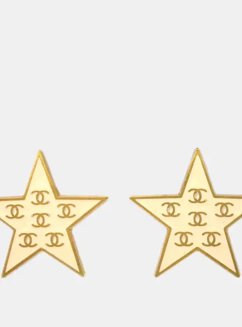 Chanel 2001 Spring Collection White Enamel Gold Plated Metal CC Star Women's Clip -On Earrings