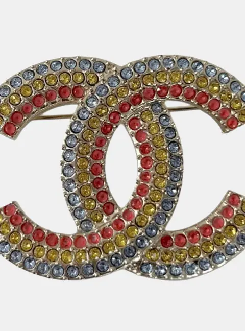 Chanel Interlocking CC 2023 Gold Tone Metal Multicolor Rhinestone Women's Brooch