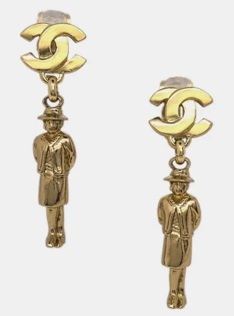 Chanel Mademoiselle Coco Mark Swing Doll Motif 02P Gold Plated Women's Clip -On Dangle Earrings